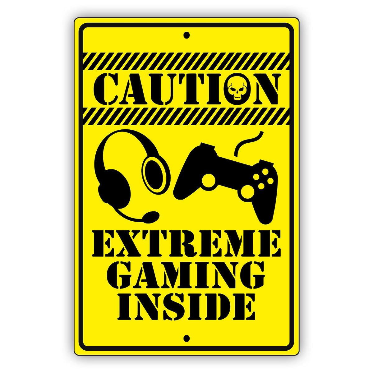 Product Name: Metal Tin Sign "Caution - Extreme Gaming Inside" Bedroom Wall Decor #B-101, featuring a yellow background with black text and images of a gaming headset and controller. Ideal for adding fun decor to any gamer's space.