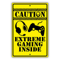 Product Name: Metal Tin Sign "Caution - Extreme Gaming Inside" Bedroom Wall Decor #B-101, featuring a yellow background with black text and images of a gaming headset and controller. Ideal for adding fun decor to any gamer's space.