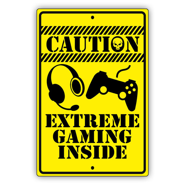 Product Name: Metal Tin Sign "Caution - Extreme Gaming Inside" Bedroom Wall Decor #B-101, featuring a yellow background with black text and images of a gaming headset and controller. Ideal for adding fun decor to any gamer's space.