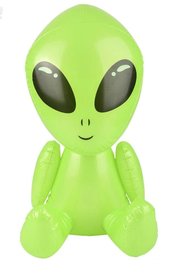 The 24" Galactic Green Alien Inflate is a bright green inflatable party decoration featuring large black eyes and a smiling face—perfect for blow-up space UFO fun or as an eye-catching accessory at your next event.