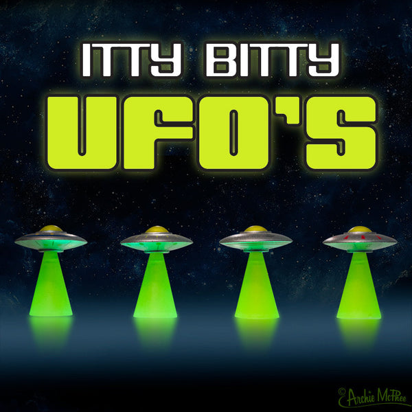 🛸 Itty Bitty UFOs 4pc Mini Set Soft Vinyl Flying Saucers Alien - Archie McPhee