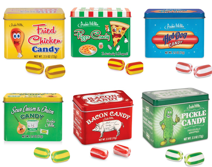 6 Assorted Pickle-Bacon-Pizza-Hot Dog-Sour Cream-Fried Chicken - Candy Tin Sets