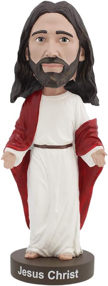 The 🙏 Jesus Bobblehead Figure – Premium Lifelike Collectible Gift by Royal Bobbles✝️ features Jesus Christ in a white robe and red shawl, with lifelike hand-painted details and a base labeled "Jesus Christ.
