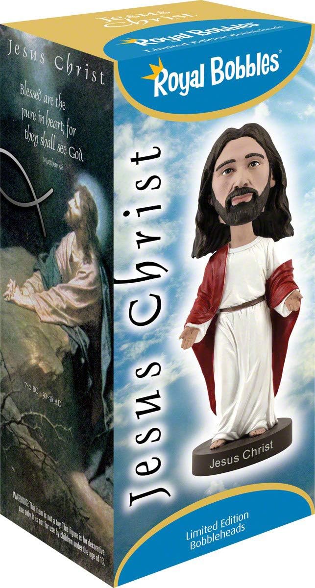 The 🙏 Jesus Bobblehead Figure – Premium Lifelike Collectible Gift by Royal Bobbles✝️ comes boxed with an illustration, a Bible verse, and is labeled as a limited edition collectible.