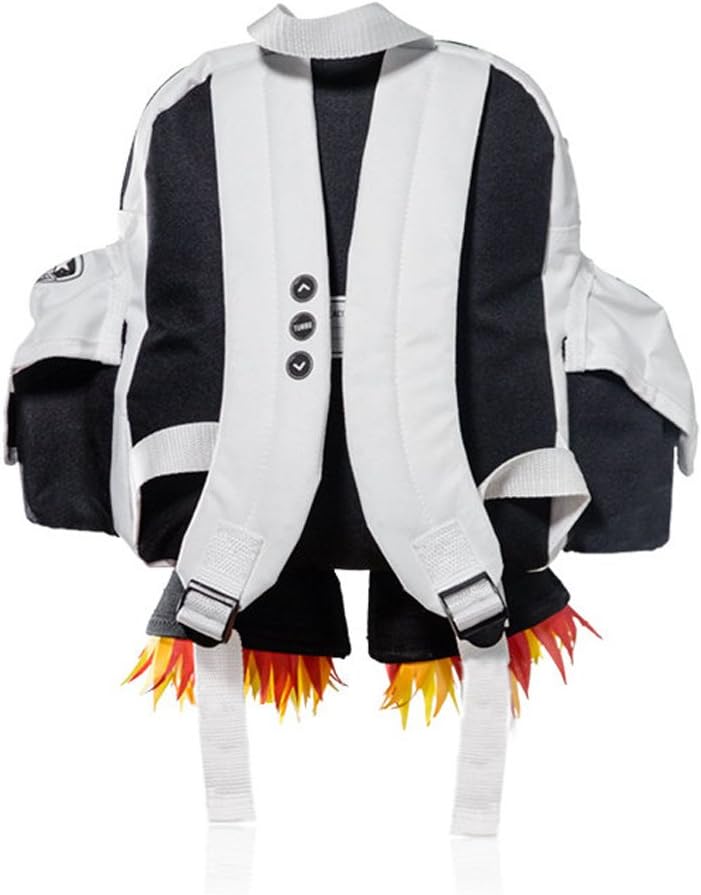 The Kids Jetpack Backpack Rocket School Bag 🚀 features black and white straps and fabric flames at the bottom to mimic rocket boosters—perfect for space-loving kids or astronaut costume fun!.