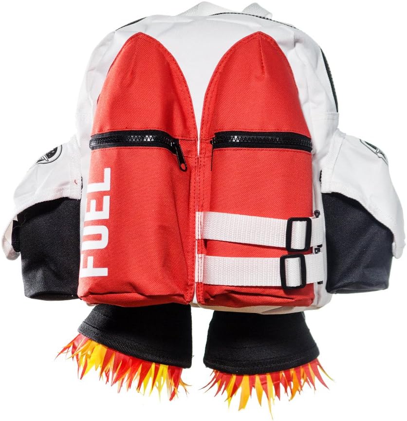 The Kids Jetpack Backpack Rocket School Bag resembles a jetpack with red fuel tanks, flame details, and white straps—perfect for aspiring astronauts or as a fun space-themed gift!.
