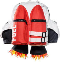 The Kids Jetpack Backpack Rocket School Bag resembles a jetpack with red fuel tanks, flame details, and white straps—perfect for aspiring astronauts or as a fun space-themed gift!.