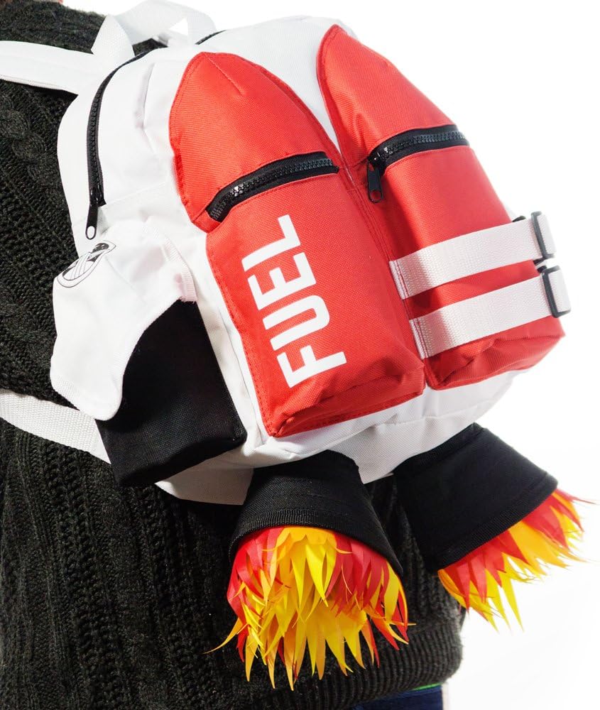 A person wearing the Kids Jetpack Backpack Rocket School Bag 🚀—a novelty backpack with red fuel tanks and yellow-orange flames, perfect for space astronaut costumes or as a travel gift.