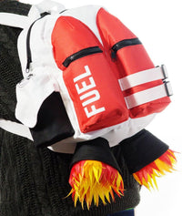 A person wearing the Kids Jetpack Backpack Rocket School Bag 🚀—a novelty backpack with red fuel tanks and yellow-orange flames, perfect for space astronaut costumes or as a travel gift.