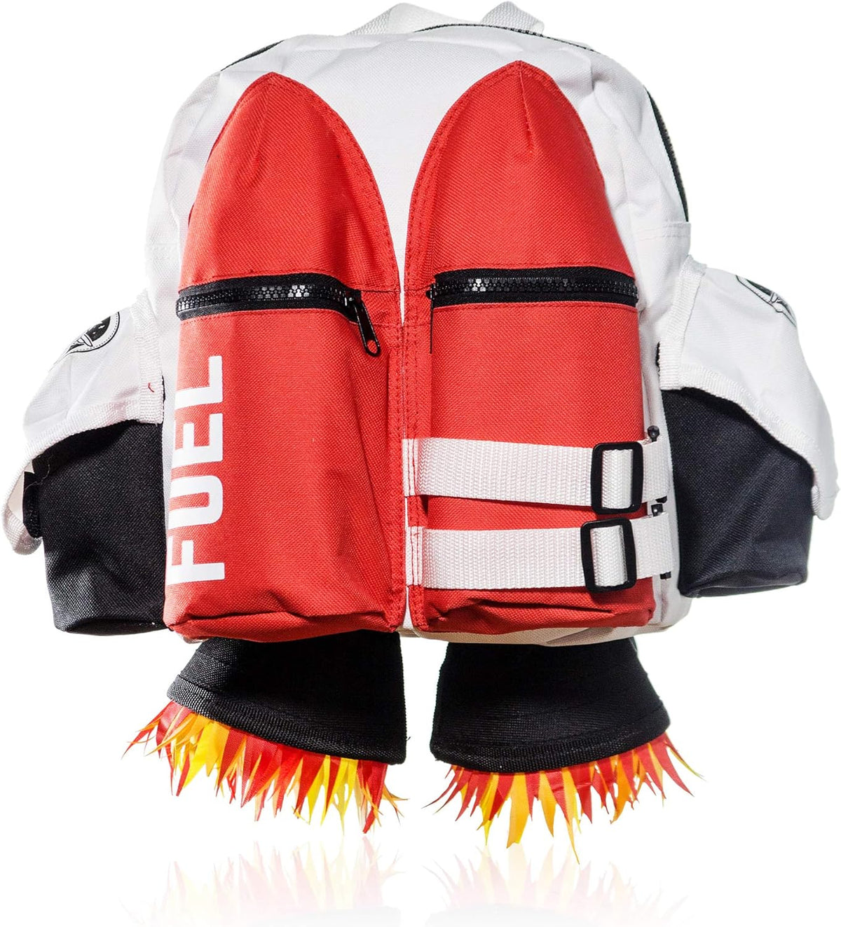 The Kids Jetpack Backpack Rocket School Bag 🚀 looks like a rocket jetpack, featuring red fuel tanks, black straps, and flame details—perfect for space-themed costumes or travel.