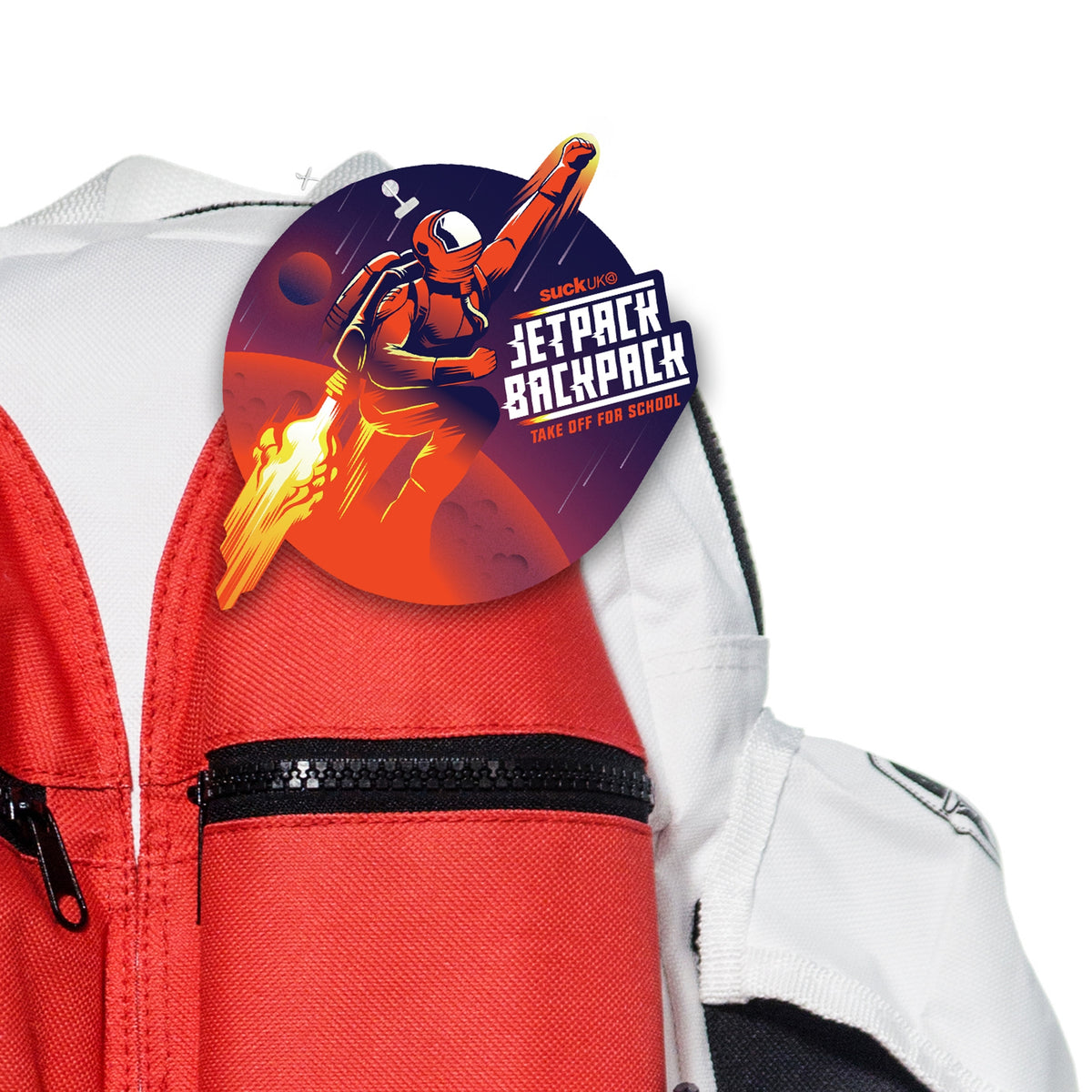 The Kids Jetpack Backpack Rocket School Bag features a round astronaut sticker with "Jetpack Backpack Take Off For School" on the red and white front pocket—perfect for school, travel, or as a space-themed gift!.