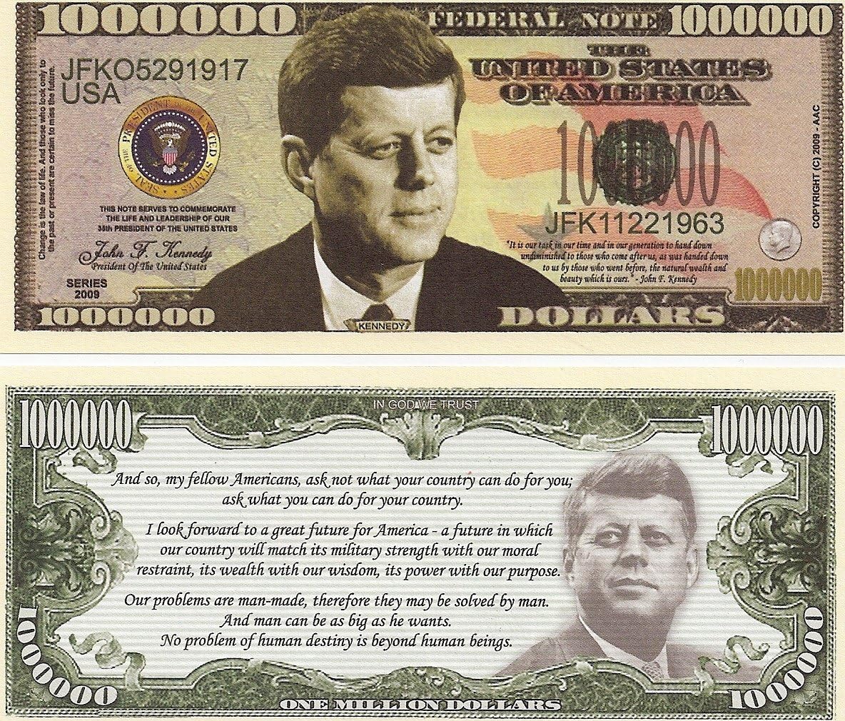 1000 TOTAL JFK John F. Kennedy Commemorative Million Dollar Money Novelty Bills