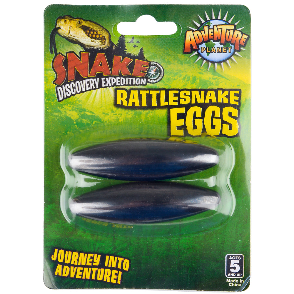 Packaging for the Magnetic Rattlesnake Eggs - 2 Pack - Magic Fidget Stress Toy, showcasing a snake illustration and the phrase: "Journey into Adventure!" This captivating magnet toy is designed for ages 5 and up.