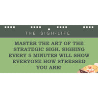 Introducing the "How to 'LOOK BUSY' at Work - Slacker's Guide - Funny Desk Spiral Flip Book Signs." This entertaining sign features the text: "Master the art of the strategic sigh. Sighing every 5 minutes will show everyone how stressed you are!" With a charming illustration of a person lounging on a couch, it’s an ideal choice for a hilarious Secret Santa gift or a humorous office present that’s sure to spark laughter.