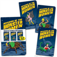 Introducing the "3PK Monster Women Notebook Journals Note Pad GIRL POWER!" by Archie McPhee, featuring a captivating trio of illustrations showcasing female monsters with bat wings, spider legs, and scorpion tails. This unique set makes an ideal gift for those who appreciate the allure of the monstrous and mysterious.