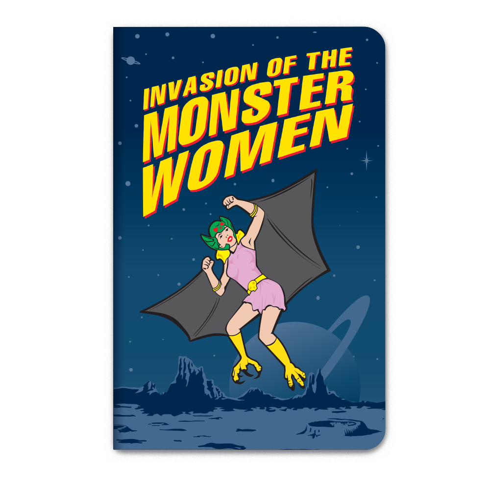 Comic-style illustration titled "Invasion of the Monster Women" showcasing a female monster with green hair, bat wings, and yellow boots flying over a lunar landscape with a distant planet. This artwork is an ideal gift for fans of the "3PK Monster Women Notebook Journals Note Pad GIRL POWER!" by Archie McPhee.