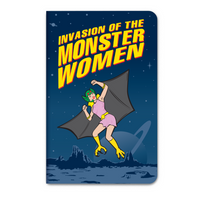 Comic-style illustration titled "Invasion of the Monster Women" showcasing a female monster with green hair, bat wings, and yellow boots flying over a lunar landscape with a distant planet. This artwork is an ideal gift for fans of the "3PK Monster Women Notebook Journals Note Pad GIRL POWER!" by Archie McPhee.