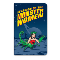 The "3PK Monster Women Notebook Journals Note Pad GIRL POWER!" from Archie McPhee showcases a comic book cover titled "Invasion of the Monster Women," featuring a woman with a scorpion tail on a moonlit alien landscape. It's an ideal choice for fans of female monsters looking for unique gifts.