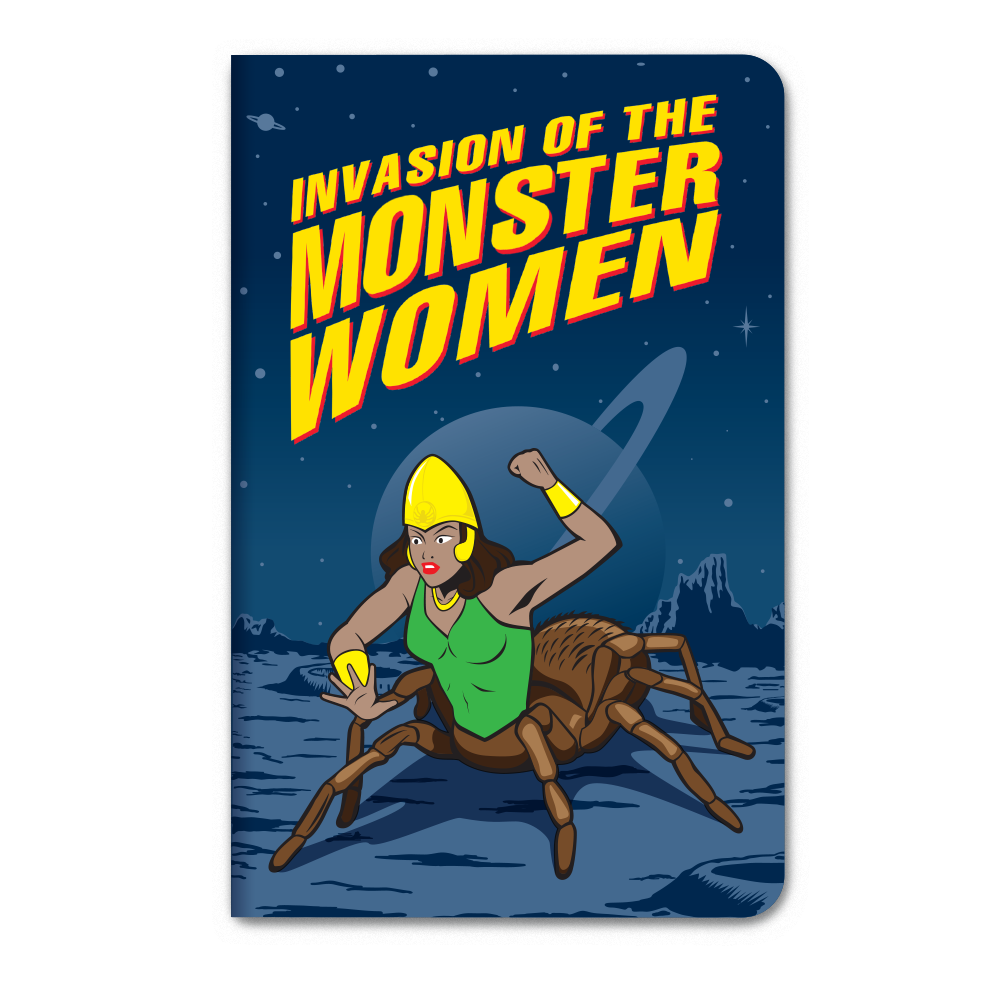 Discover the "Invasion of the Monster Women" comic book cover, an ideal choice for fans of female monsters. It showcases a striking woman with a spider body, dressed in a green top and yellow helmet, all set against a captivating starry space backdrop. This is the perfect gift or addition to your 3PK Monster Women Notebook Journals Note Pad GIRL POWER! collection by Archie McPhee.