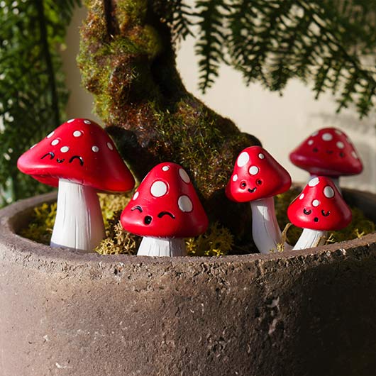 4-pk Mini Mushroom Plant Pot Markers Figurine Statues - Cute Fun Decorations