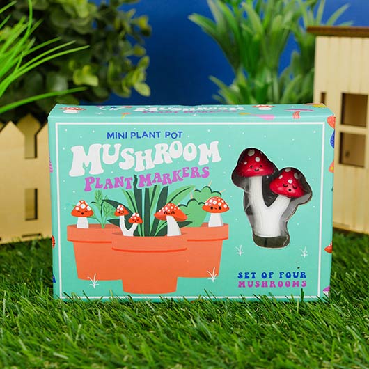 4-pk Mini Mushroom Plant Pot Markers Figurine Statues - Cute Fun Decorations