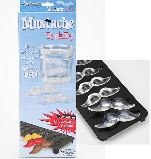 The packaging for the Archie McPhee Mustache Ice Cube Tray showcases playful illustrations of mustache-shaped ice cubes elegantly floating in a glass. This silicone tray, ideal for any mustache-themed party, is prominently featured with molds versatile enough to craft chocolates or gelatin treats.