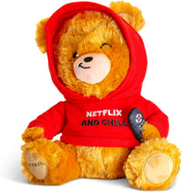 The Punchkins 🐻 "Netflix & Chill" Teddy Bear Plushie 📺 wears a red hoodie with the slogan and holds a TV remote—an adorable gift for any movie fan or cozy night in. 🍿.