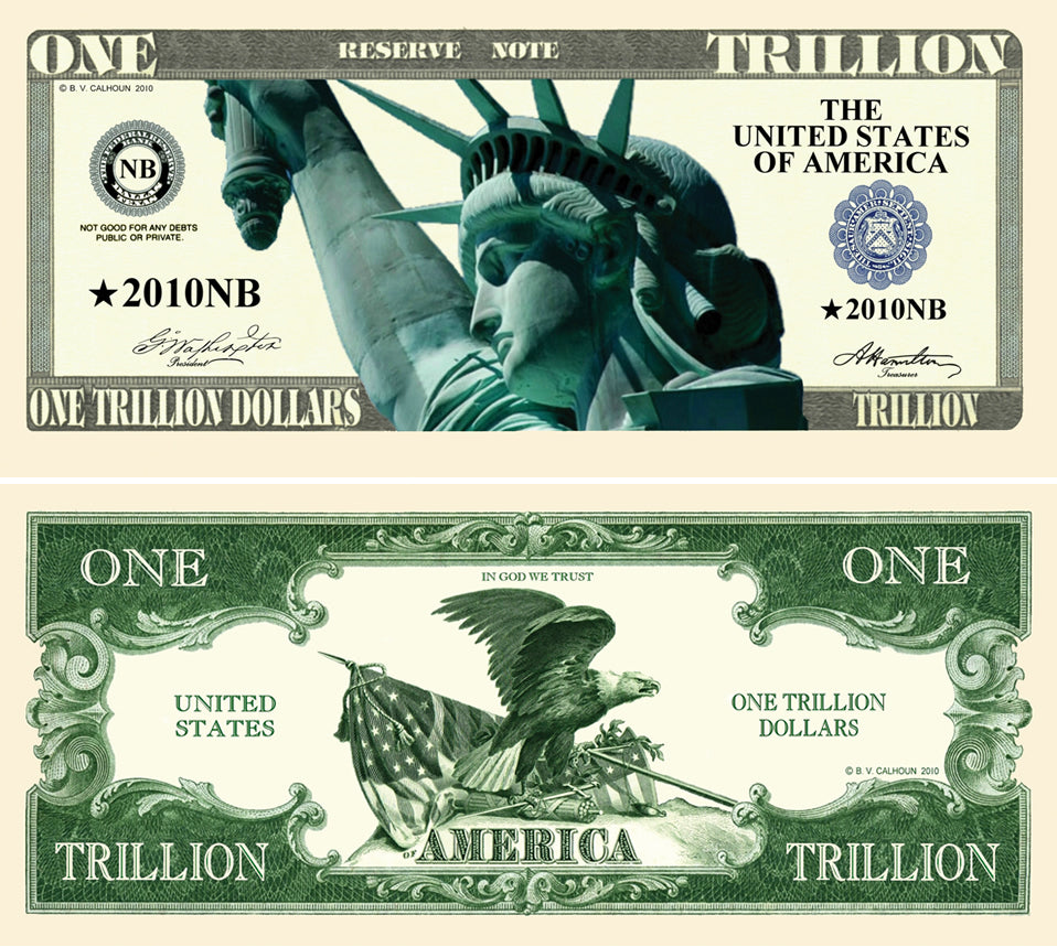 The image features a high-quality design from the "100 TOTAL - Statue Liberty Trillion Dollar Funny Fake Money Bills Party Novelty" collection, presenting a fictional one trillion dollar bill. This novelty item depicts the Statue of Liberty on the front and an eagle with a flag on the reverse, making it perfect for collectors of Statue of Liberty-themed bills or anyone fascinated by trillion dollar bills.