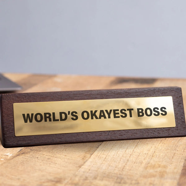 😆World’s Okayest Boss Wooden Desk Sign w/ Gold Plaque 🏆 Funny Office Gag Gift