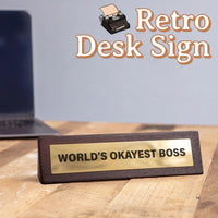 😆World’s Okayest Boss Wooden Desk Sign w/ Gold Plaque 🏆 Funny Office Gag Gift