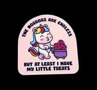 "Endless Horrors - But Have My Treats" Funny Unicorn Sticker Decal - Made in USA