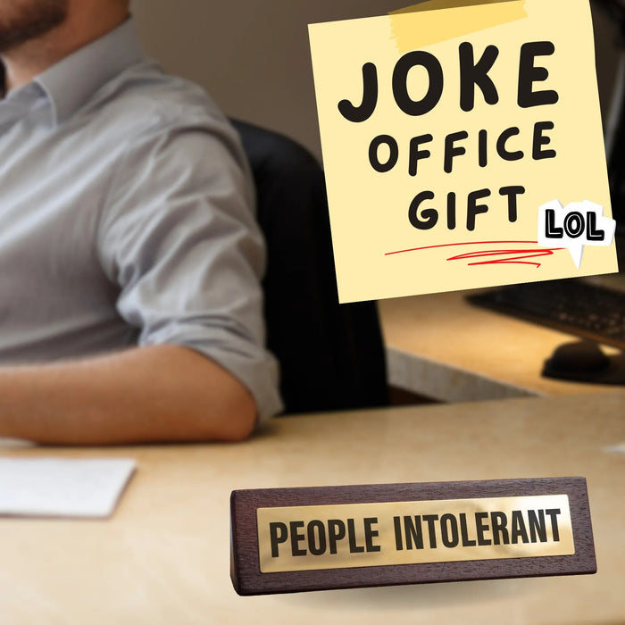 😤People Intolerant Wooden Desk Sign w/ Gold Plaque – Funny Office Gag Gift 🏆😂