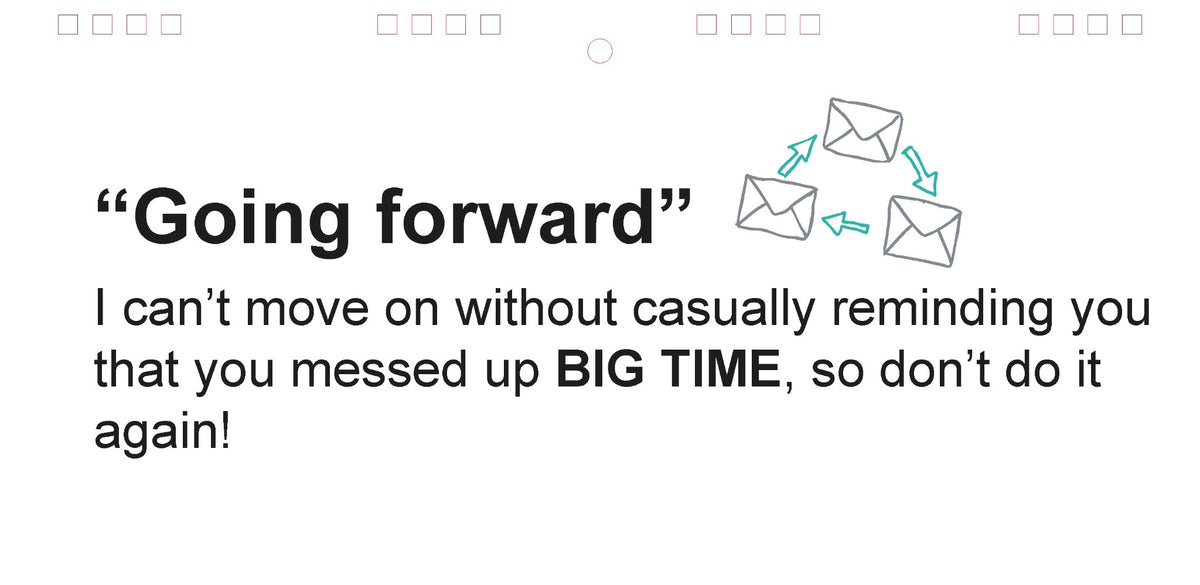 Text reads: "Going forward" and "I can't move on without casually reminding you that you messed up BIG TIME, so don’t do it again!" with envelope icons. Perfect for sarcastic translations or as an office humor gift, the "As Per My Last Email - Desk Spiral Flip Book - Funny Office Message Table Signs" makes a hilarious novelty flip book.