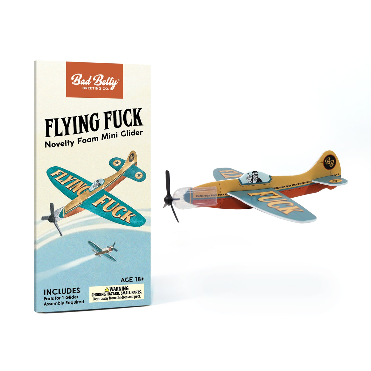 The ✈️🤣 FLYING FU%K – The Mini Plane Glider That Says It All! 🙌😂 Adult Gag Joke is shown beside its packaging, both featuring bold text and illustrations—a funny foam airplane and hilarious gag gift for adults.