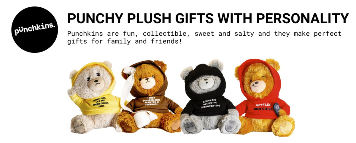 Four Punchkins 🐻 "Netflix & Chill" Teddy Bear Plushies sit in a row under "Punchy Plush Gifts With Personality" and the Punchkins logo—cute gifts and perfect comfy companions for movie fans.