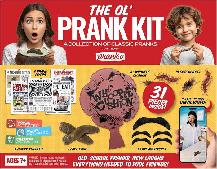 31 Piece Prank Kit – Funny Practical Joke Set Fake Poop, Whoopee, Insects, Flyers etc.
