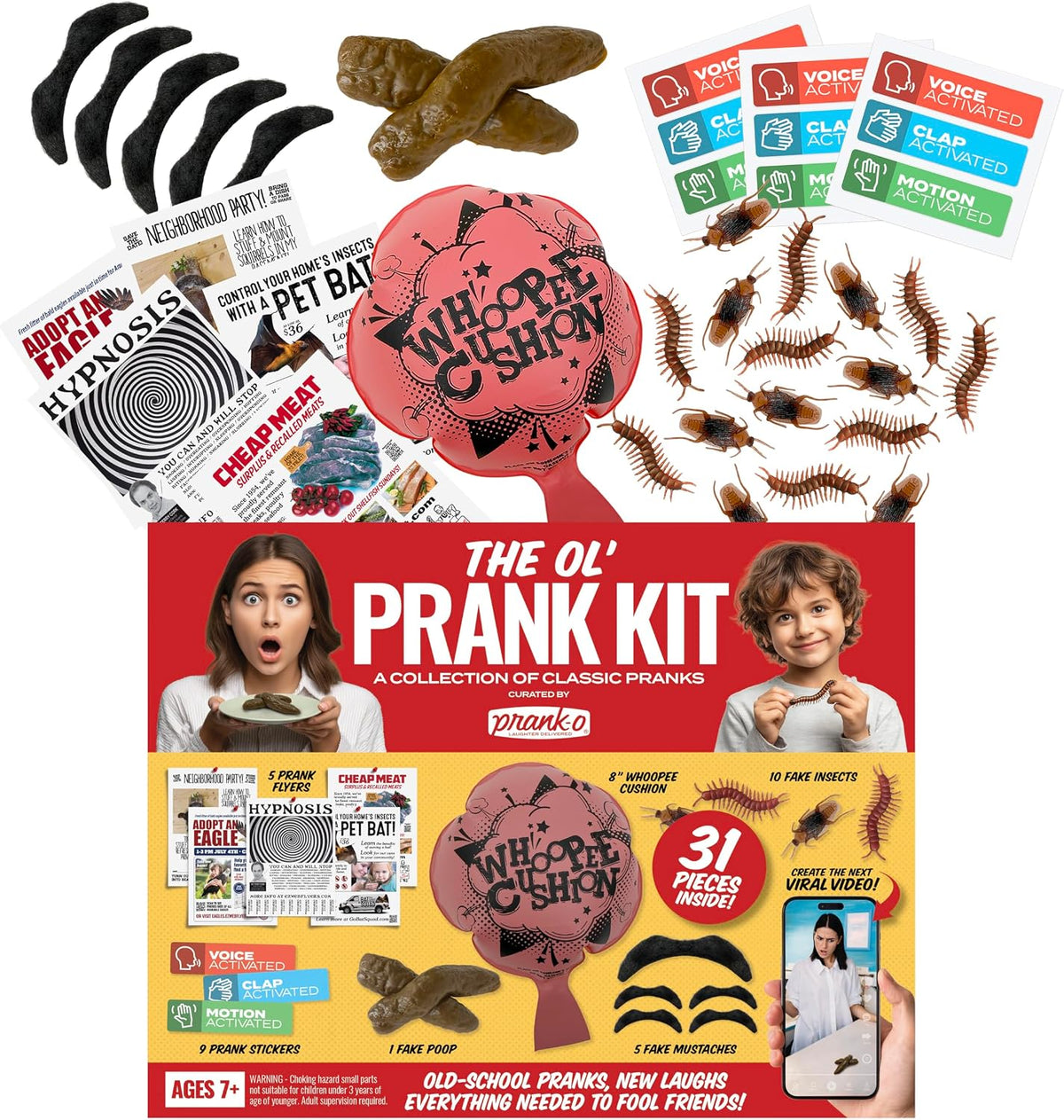 31 Piece Prank Kit – Funny Practical Joke Set Fake Poop, Whoopee, Insects, Flyers etc.