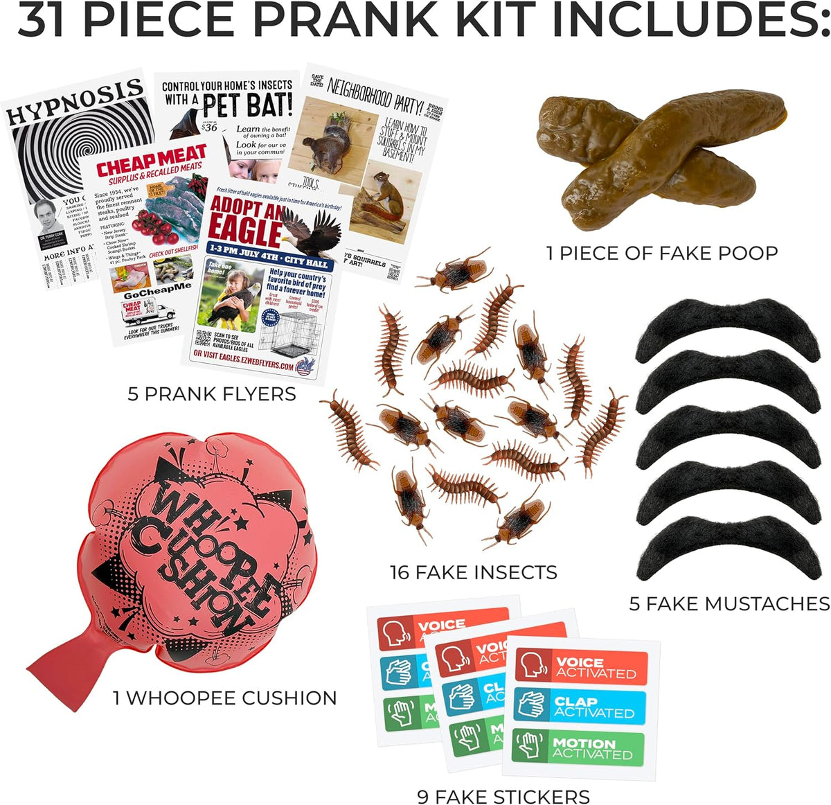 31 Piece Prank Kit – Funny Practical Joke Set Fake Poop, Whoopee, Insects, Flyers etc.