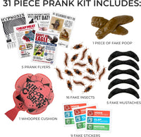 31 Piece Prank Kit – Funny Practical Joke Set Fake Poop, Whoopee, Insects, Flyers etc.