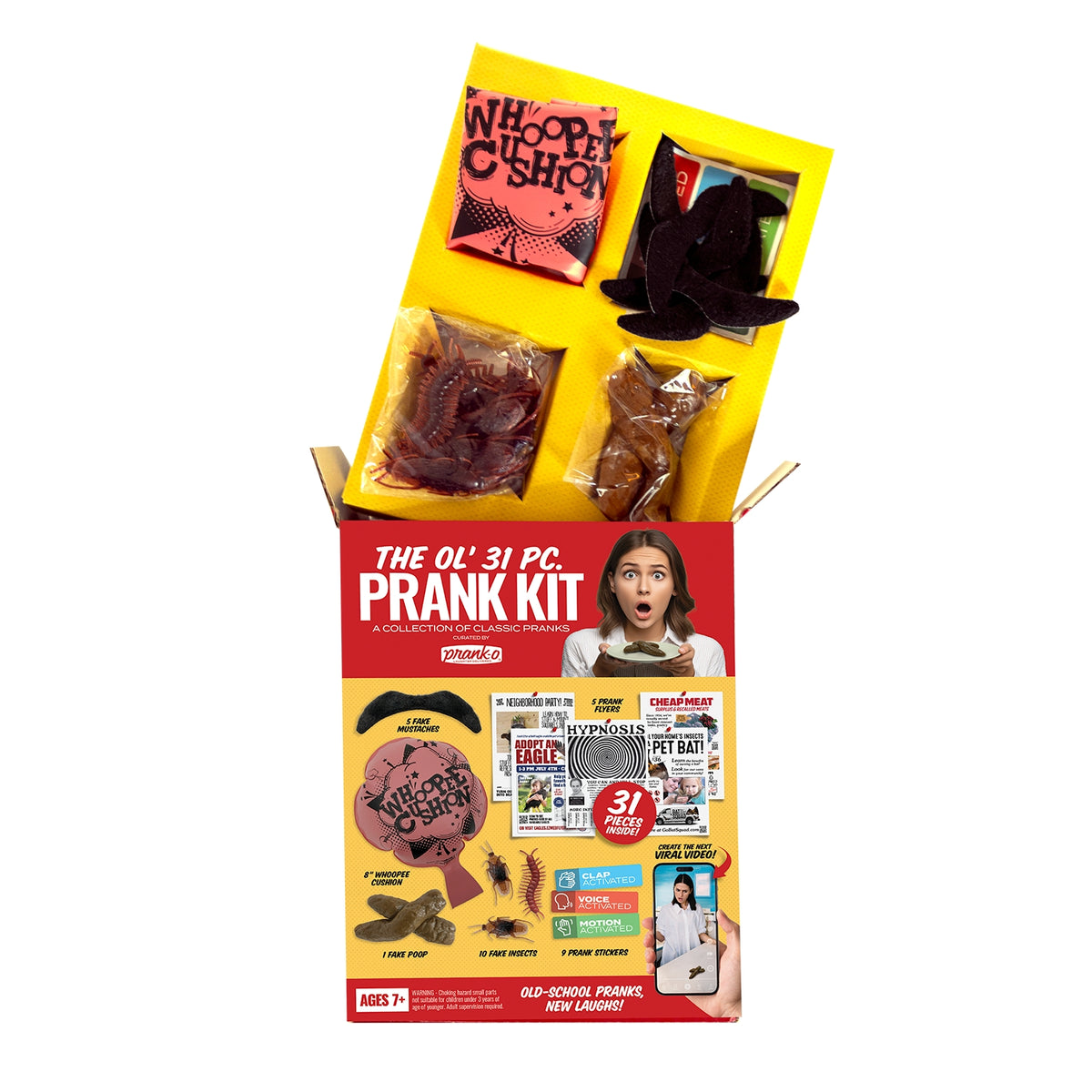 31 Piece Prank Kit – Funny Practical Joke Set Fake Poop, Whoopee, Insects, Flyers etc.