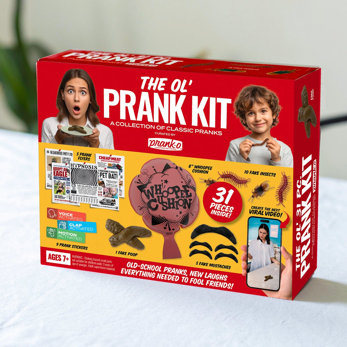 31 Piece Prank Kit – Funny Practical Joke Set Fake Poop, Whoopee, Insects, Flyers etc.