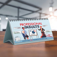 The "Professional Insults - Desk Spiral Flip Book" offers funny office message table signs with humorous workplace comebacks and HR-approved insults, enhanced by amusing scenarios and graph illustrations.