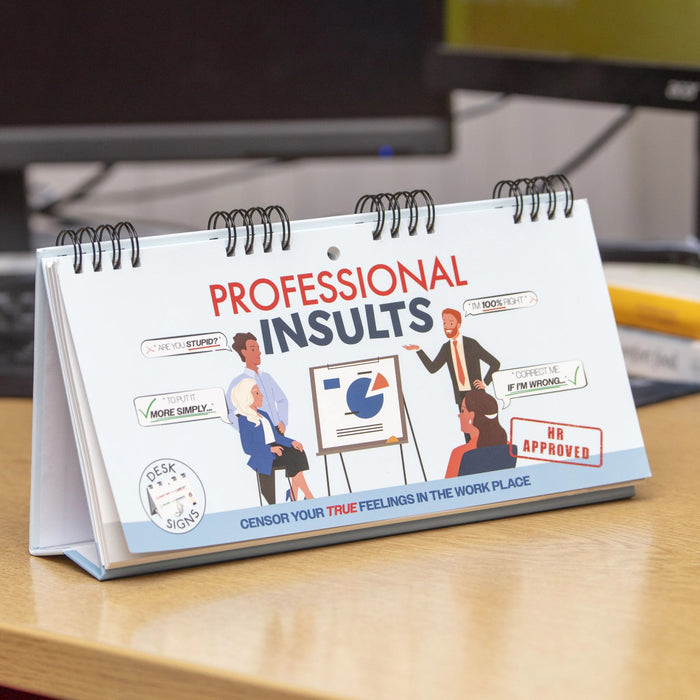 A bold addition to any desk, the "Professional Insults - Desk Spiral Flip Book" displays illustrated characters with speech bubbles. With a cover that reads, "Censor your true feelings in the workplace," it is perfect for anyone who enjoys office banter or needs a quirky white elephant gift.