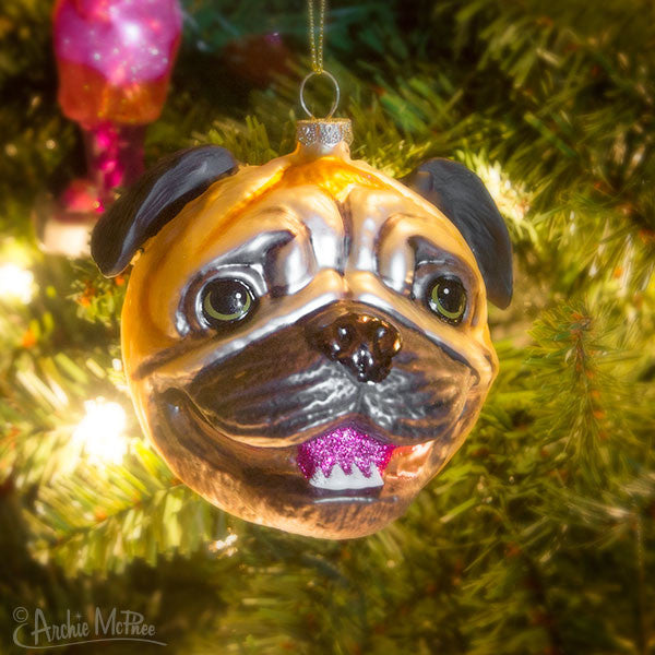 Pug Head Dog Ornament - Christmas Holiday Art Hand-Blown Glass ® Archie McPhee