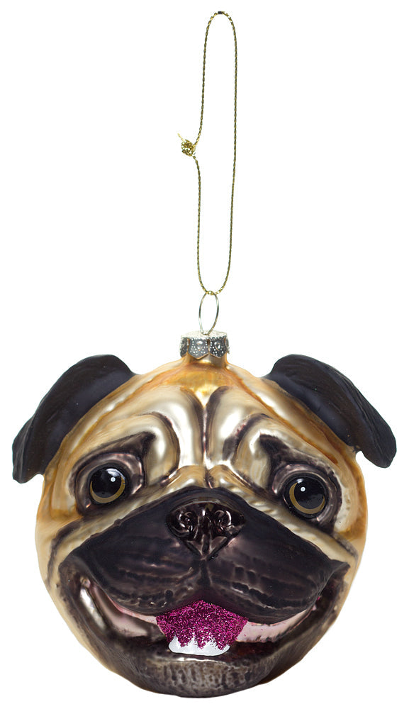 Pug Head Dog Ornament - Christmas Holiday Art Hand-Blown Glass ® Archie McPhee