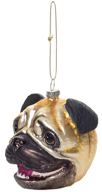 Pug Head Dog Ornament - Christmas Holiday Art Hand-Blown Glass ® Archie McPhee