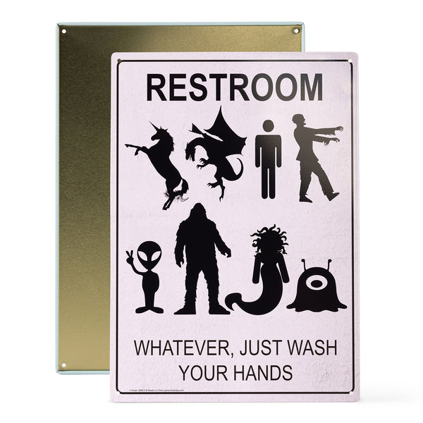 Metal Sign "RESTROOM: Whatever Just Wash Hands" Funny Gender Bathroom Decor #D-1