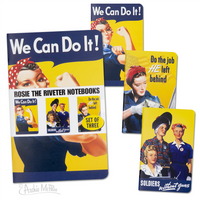 Introducing the 3PK Rosie the Riveter Notebook Journals by Archie McPhee, featuring a trio of notebooks adorned with iconic World War II era imagery and motivational slogans that celebrate female empowerment. Perfect for school or kitchen notes.