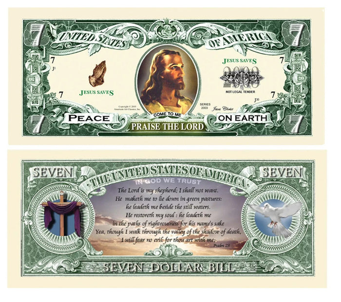 This set of 100 Jesus Christ Praise The Lord Christian Religious Novelty $7 Bills makes an ideal party favor, showcasing religious designs such as Jesus, a dove, and scriptural text. These unique pieces of novelty money add spiritual charm to any collection or celebration.