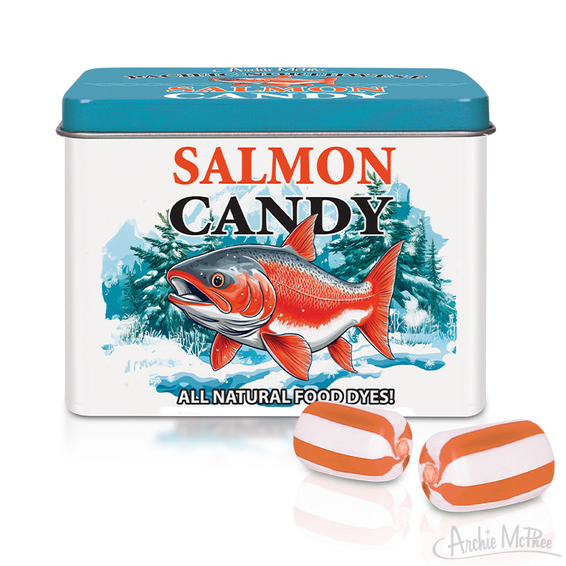 🐟🤢 Salmon Candy in Tinned Fish Can Funny Gag Gift Novelty Prank Joke Stocking - Archie McPhee
